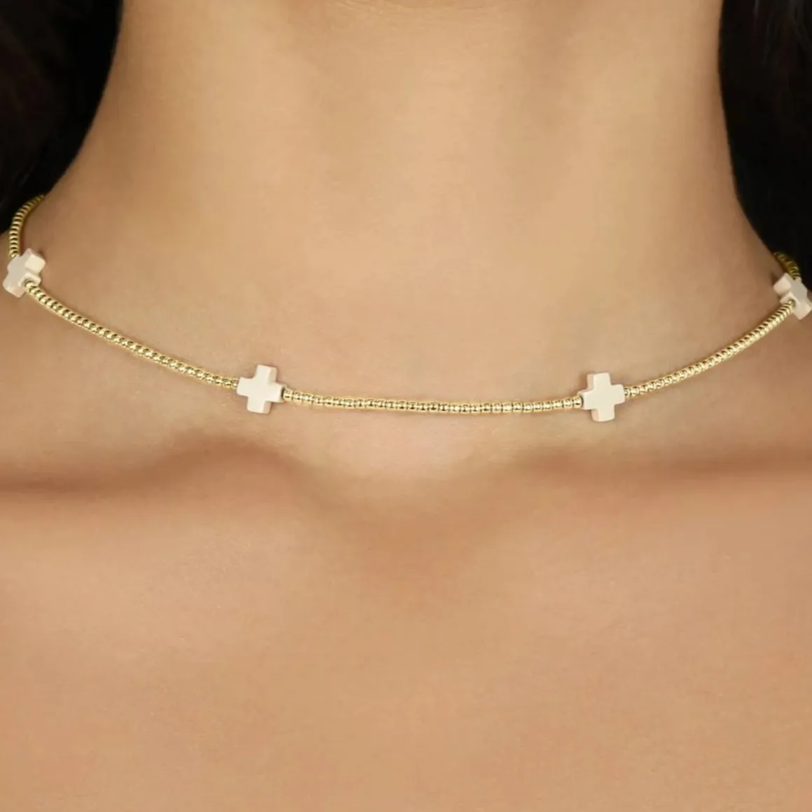 15" Choker Signature Cross Gold Pattern 2mm Bead - Off-White