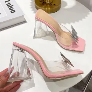 Amozae-2024 Women Luxury Design 10cm High Heels Slides Mules Summer Transparent Pink Crystal Block Heels Slippers Party Chunky Shoes