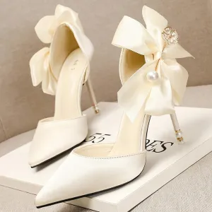 Amozae-Amzoae   Elegant Women10cm/7.5cm Pencil Heels Pumps White Butterfly Knots Pumps Red Pearl Satin Pumps Ladies Wedding Plus Size Shoes