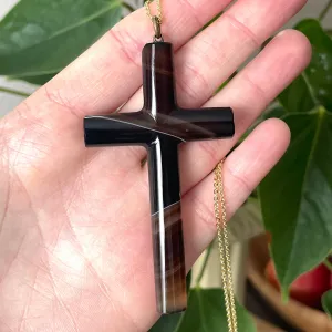 Antique Large Banded Agate Cross Pendant Necklace