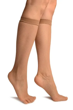 Beige Fishnet Knee High Socks