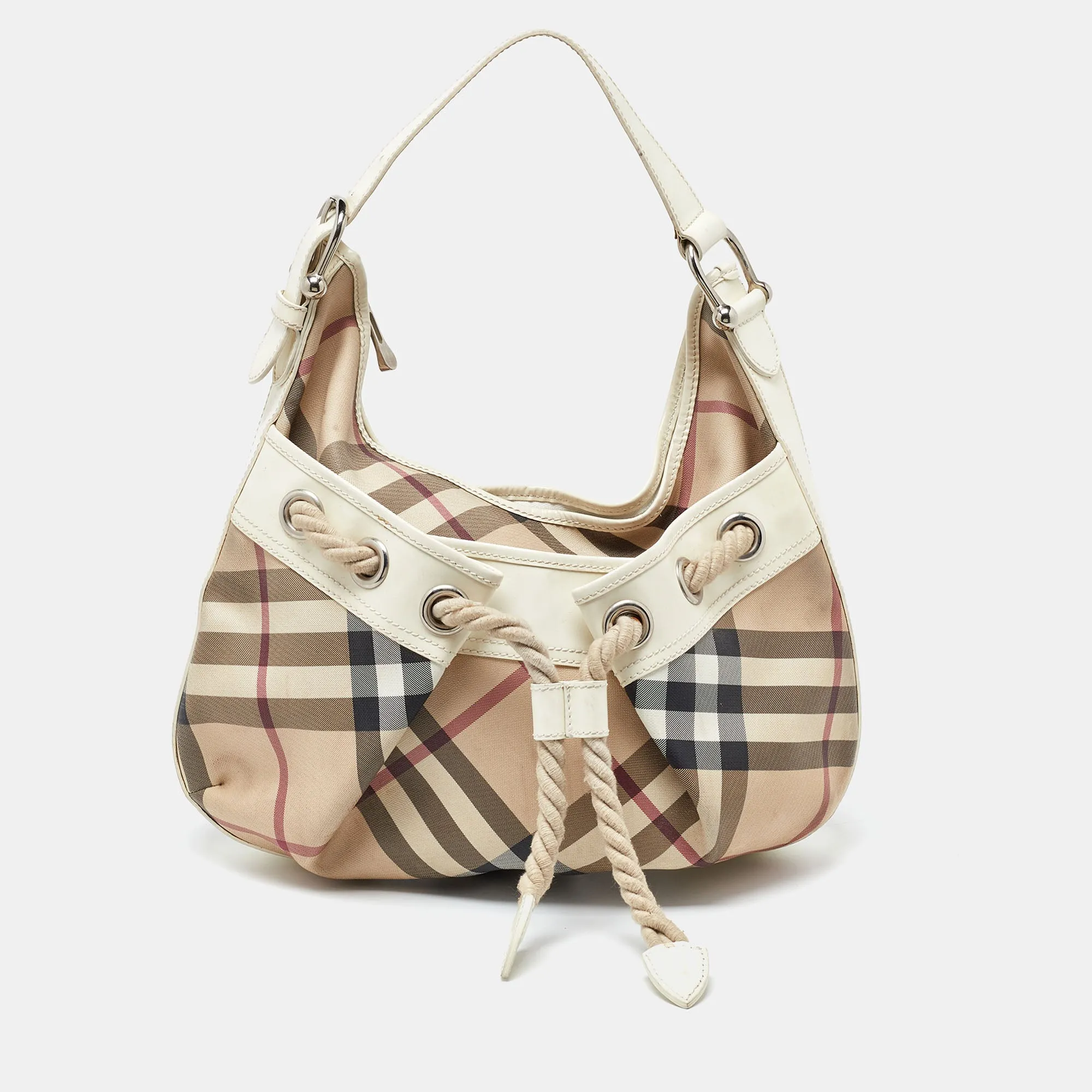 BURBERRY Beige/Off White Nova Check PVC and Patent Leather Hobo