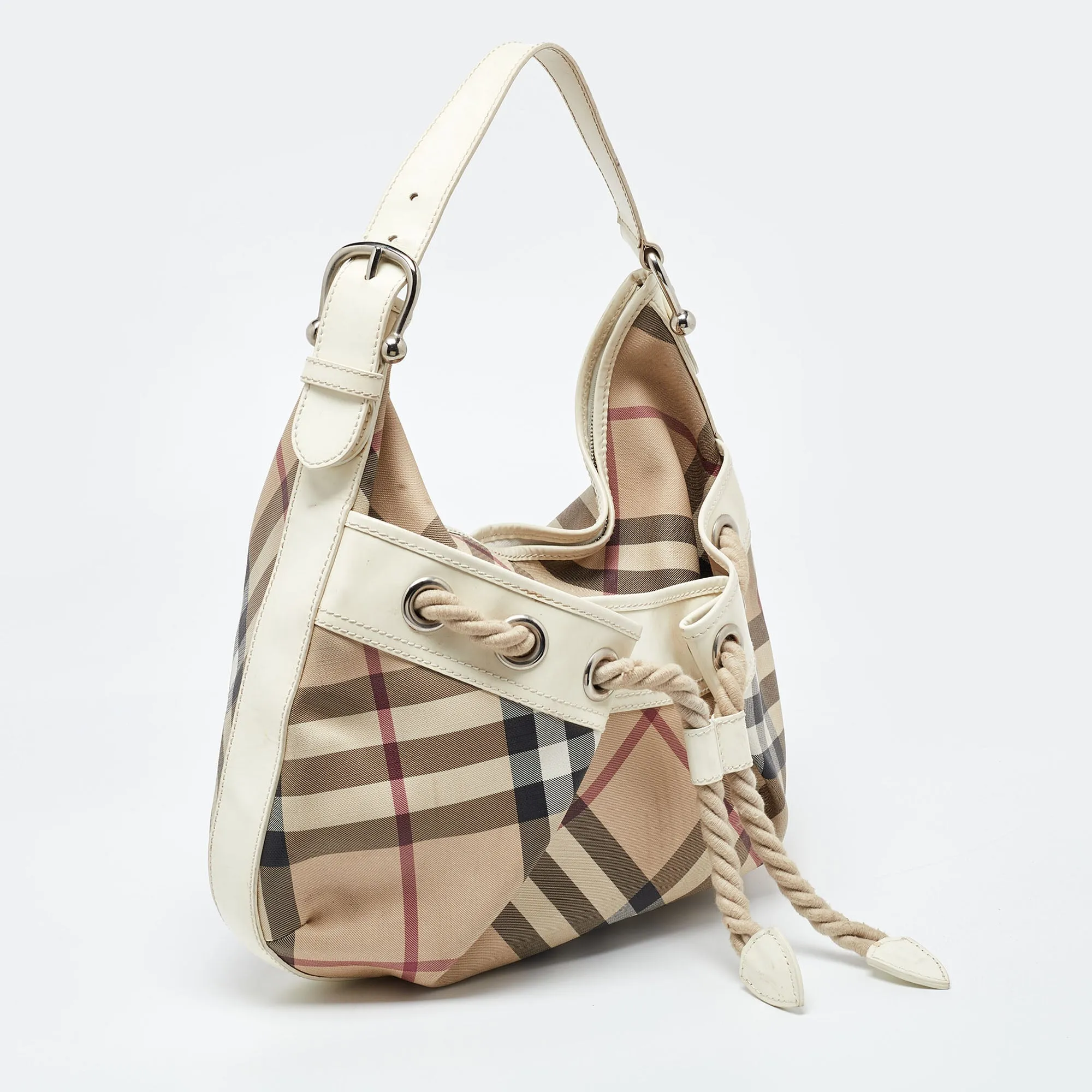 BURBERRY Beige/Off White Nova Check PVC and Patent Leather Hobo