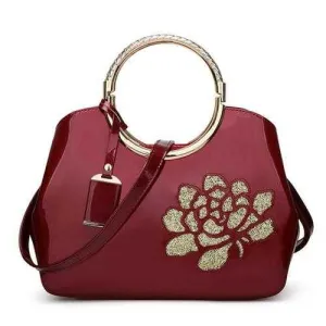 Embroidery Flower Bright Patent Leather Shell Ladies Handbag