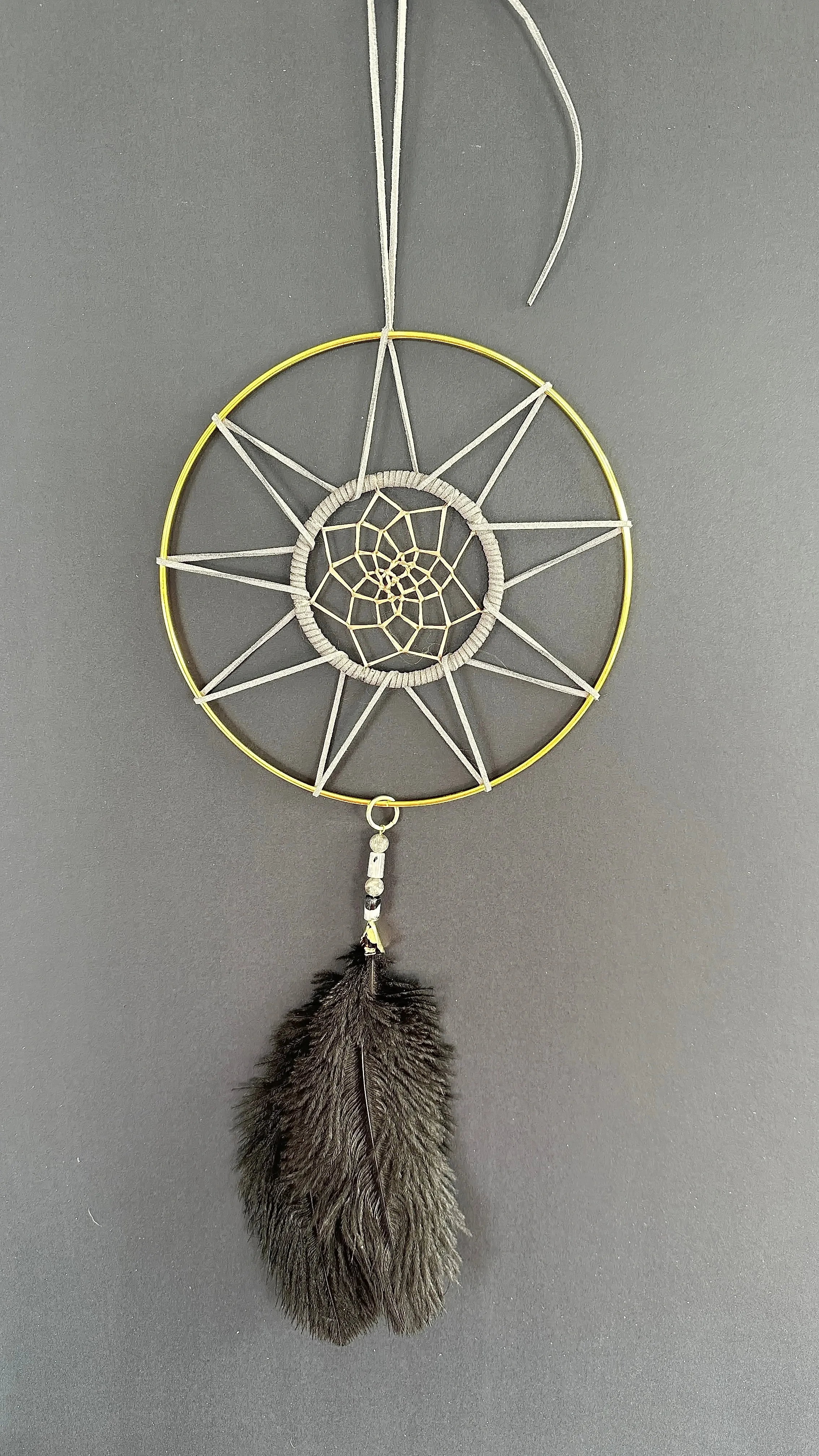 Hand Crafted Dreamcatcher w/Rutilated Quartz, Labradorite, Ostrich Feather (L)