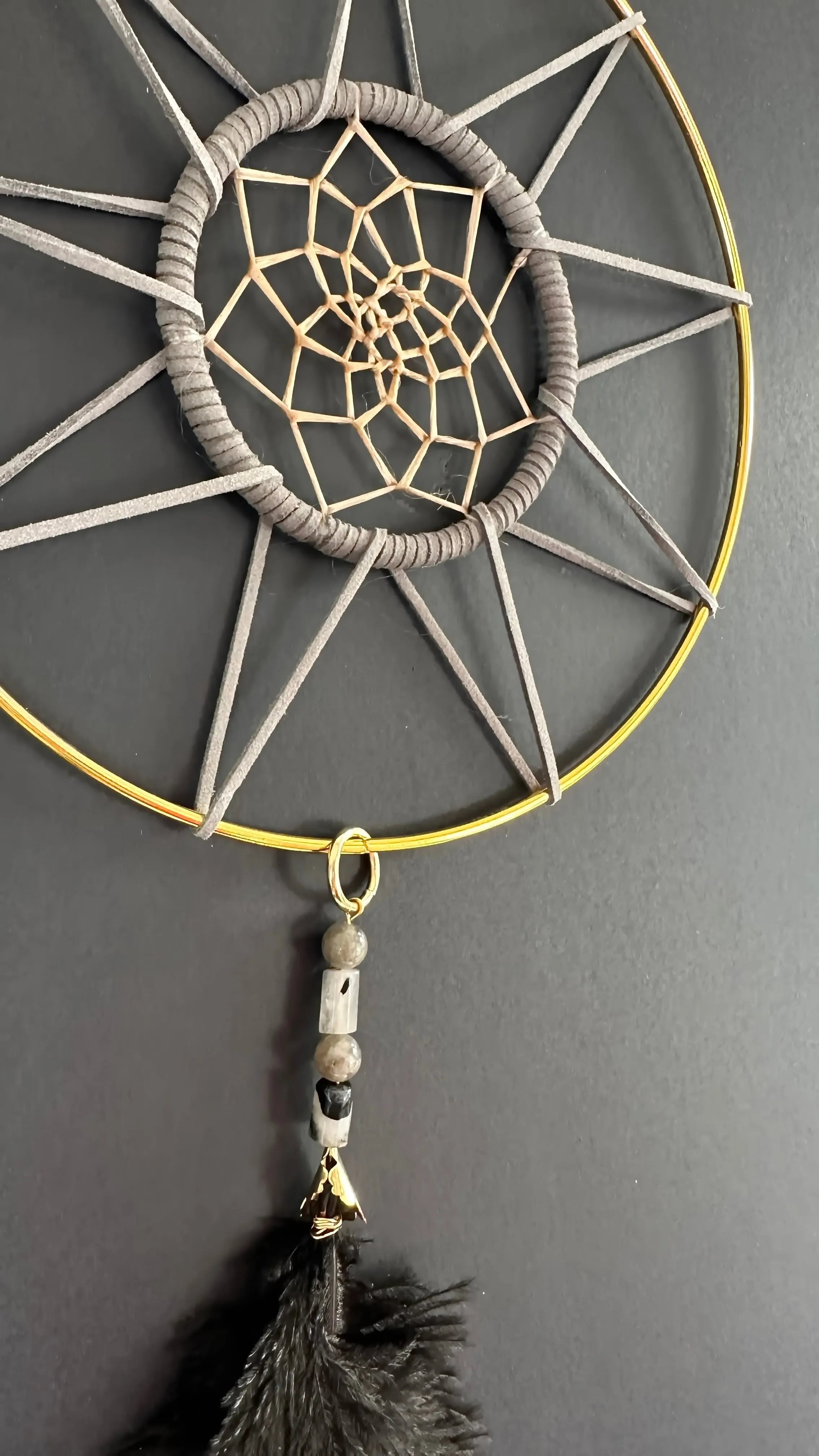 Hand Crafted Dreamcatcher w/Rutilated Quartz, Labradorite, Ostrich Feather (L)