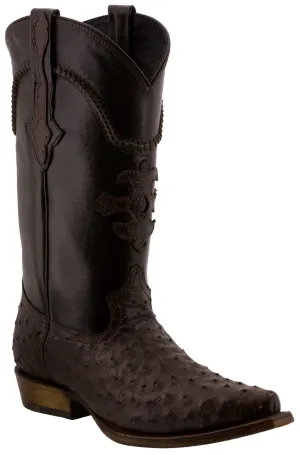 Men's Brown Genuine Ostrich Quill Exotic Skin Cowboy Boots - Snip Toe