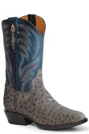 Men's Roper Footwear Grey Full Quill Ostrich J-Toe Western Boots with Dark Blue Tops