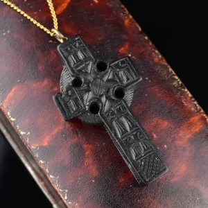 Victorian Irish Bog Oak Celtic Cross Stanhope Pendant Necklace