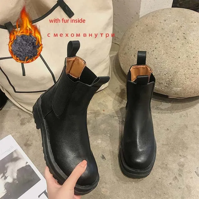 Women Ankle Boots PU Leather Woman Shoes Brand Designer Chelsea Boot Female Platform Slip On Short Boot Lady Fashion Shoe Autumn